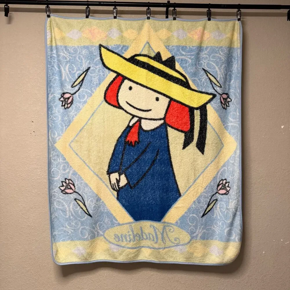 Vtg 90s Madeline plush throw blanket - Hard to find blue minky cartoon 58 x 50
